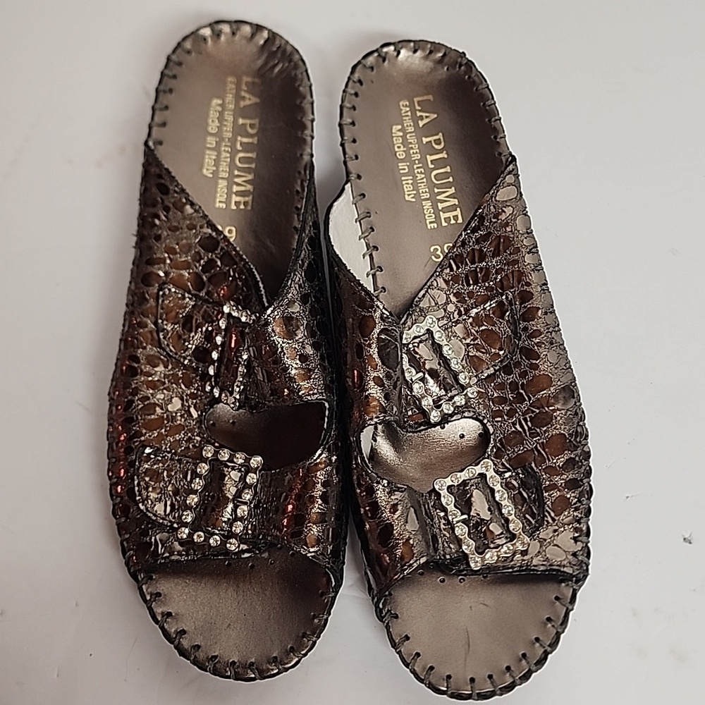 LA PLUME Made In Italy Leather Women's Metallic Slide Sandals Sz 39/US 8/8.5 - Picture 2 of 10